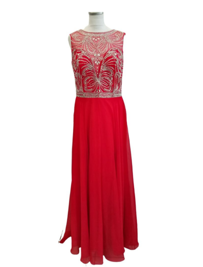 Red Chiffon Skirt on Silver Beaded Top