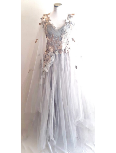 Silver with Flower Embroided Net Ballgown