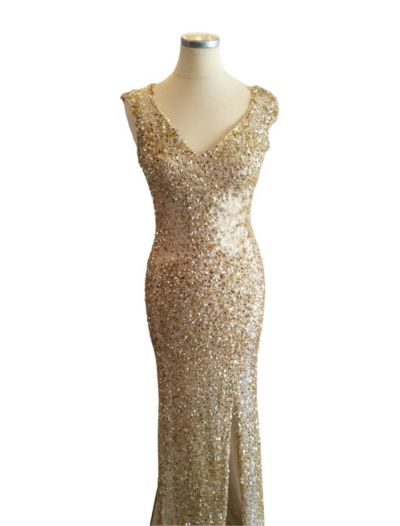 Gold Beaded On Nude Mesh Cap Shoulder