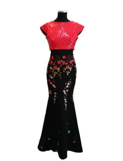 Red Beaded Top with Flower Skirt 2 Piece