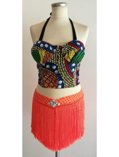 Multicolor Mosaic Beaded Top with a Fringe Skirt