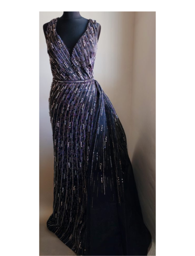 Black with Stoned Lines, Side Bustle Dress