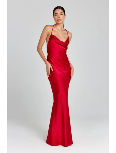 Red Satin Bias Cut Cowl Neck