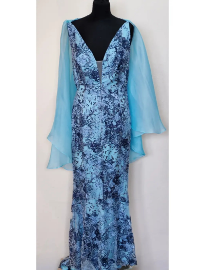 Aqua & Navy Beaded Pattern Organza Drape Sleeves