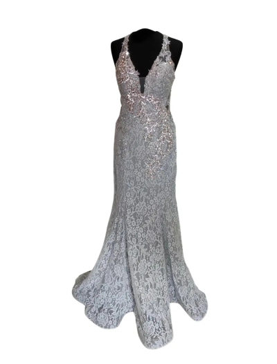 Silver Lace Mermaid Dress with a V Neck