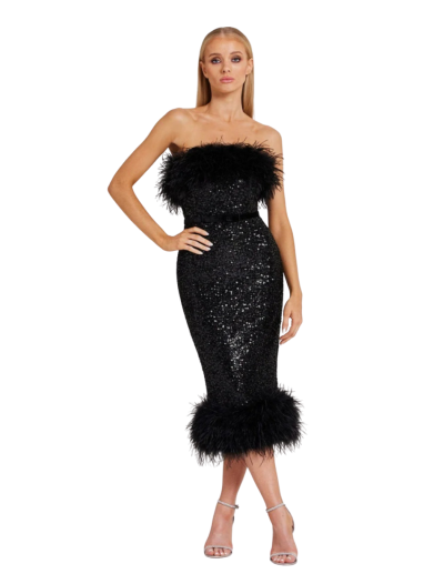 Black Sequin 3/4 Dress With Feather Edges