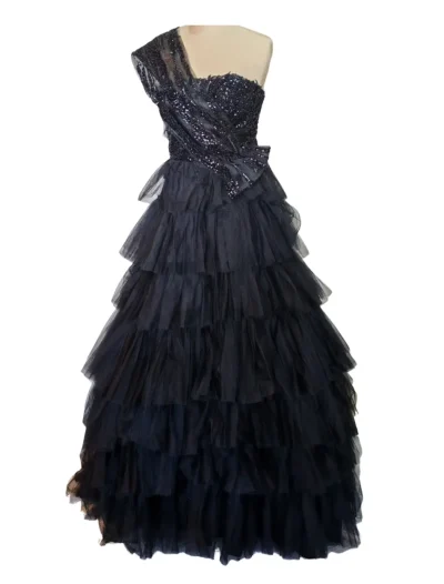 Black One Shoulder Ruffle Layered Ballgown